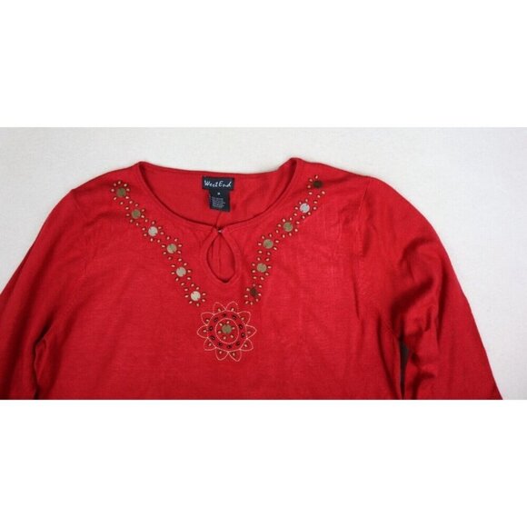 WEST END - WOMEN'S RED 3/4 SLEEVE BEADED PULLOVER SWEATER - SIZE M - Picture 5 of 9